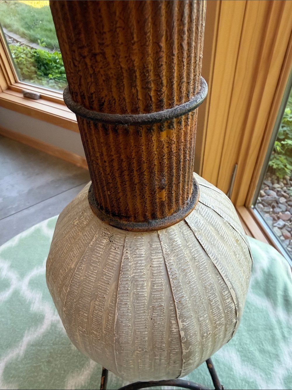 Decorative Brown and Cream Floor Vase with Textured Metal Body - Picture 3 of 6